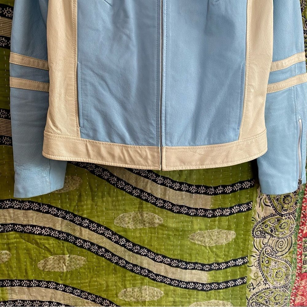 Rare VTG Y2K Wilsons Leather Baby Blue/ Cream Retro Moto Leather Jacket Large - Picture 3 of 8